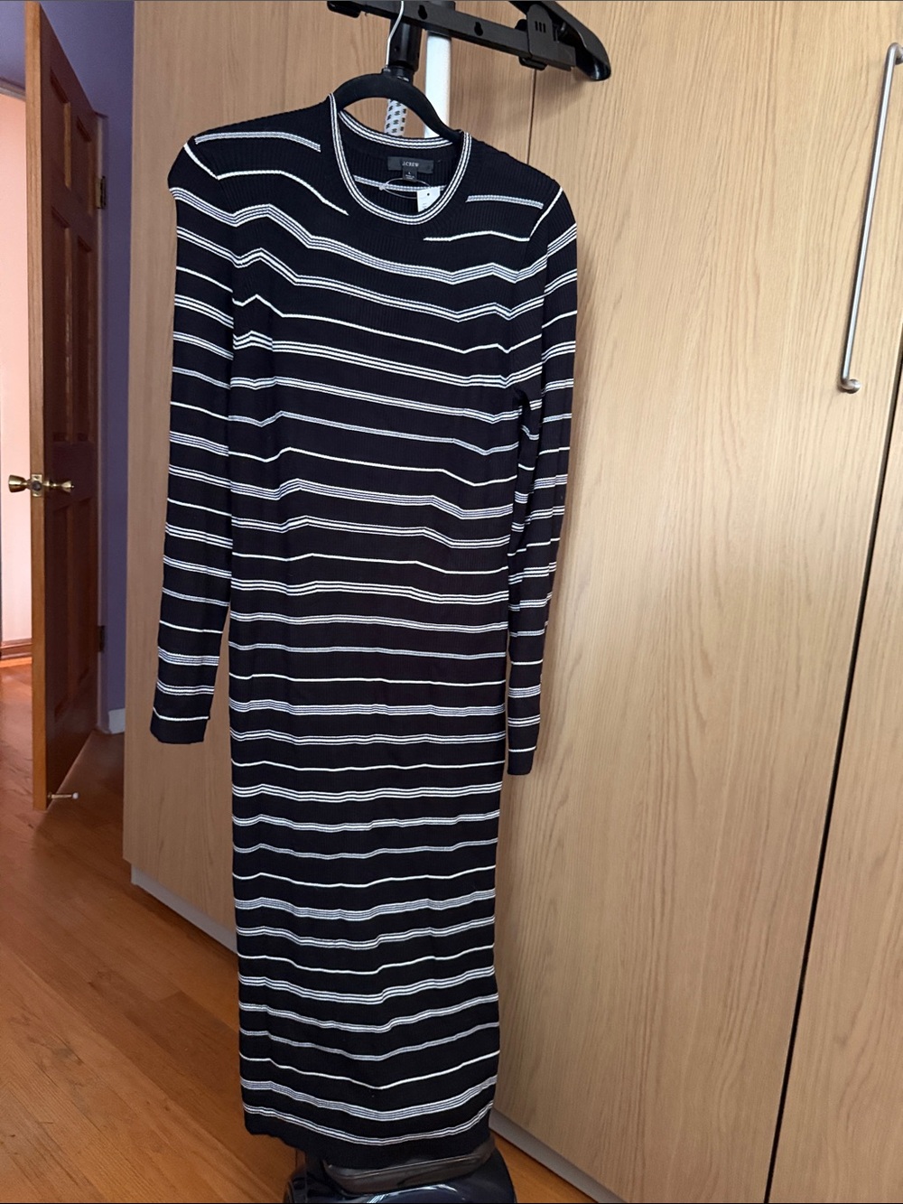 J. Crew Black and White Striped Long Sleeve Midi Dress